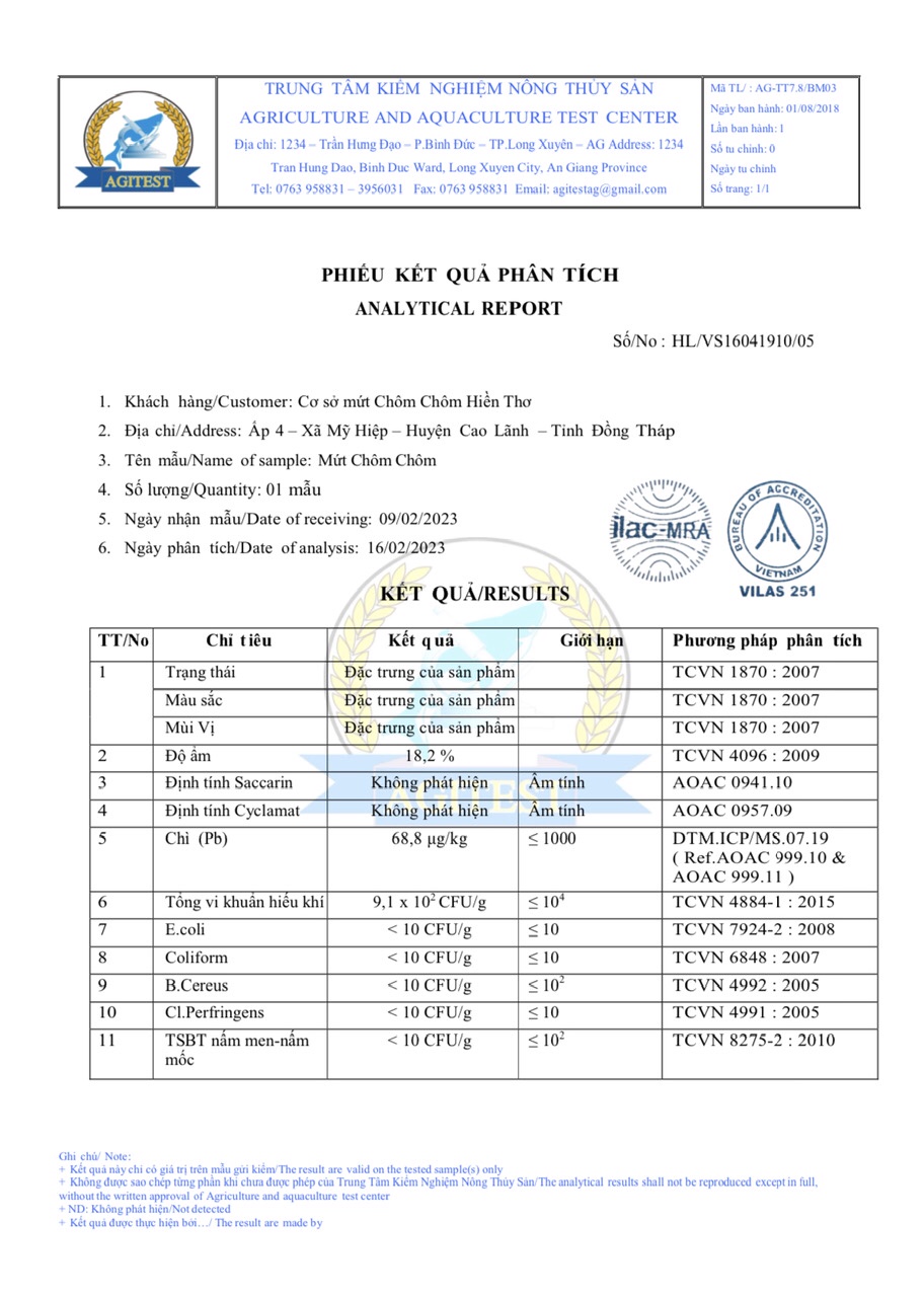 Phiếu phân tích Mứt chôm chôm