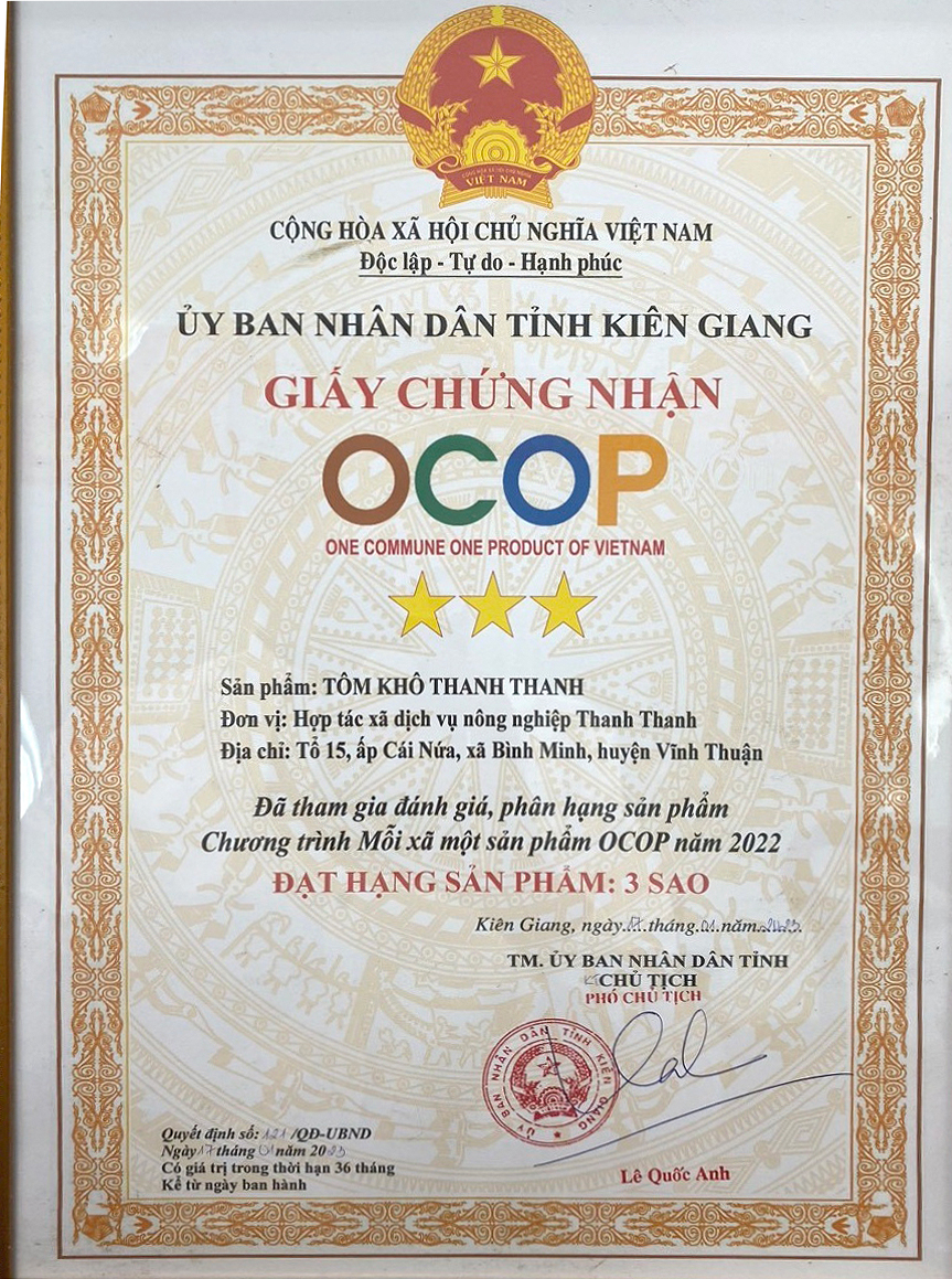 Giấy Chứng Nhận OCOP tôm khô Thanh Thanh