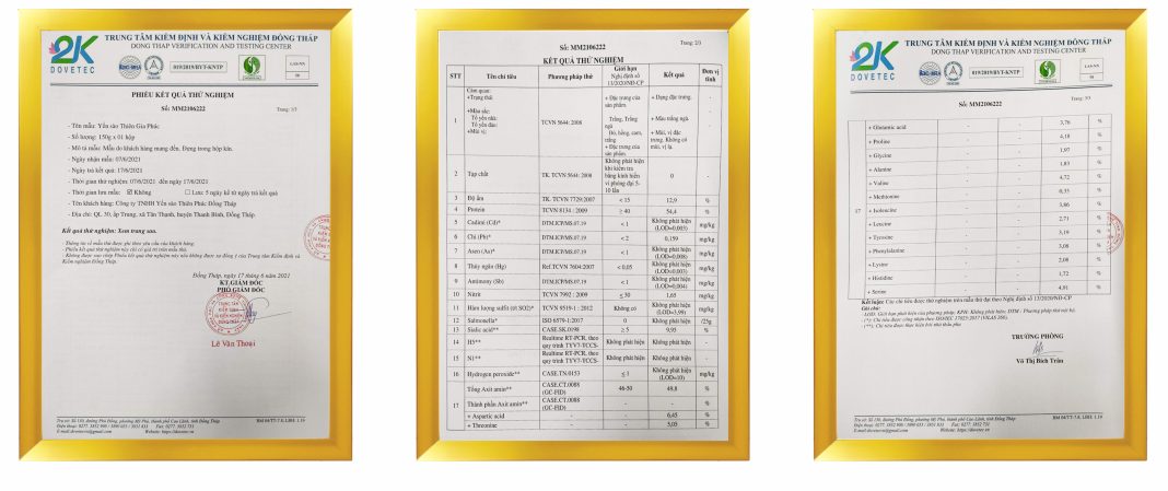 Phiếu kiểm nghiệm Yến Sào Thiên Gia Phúc