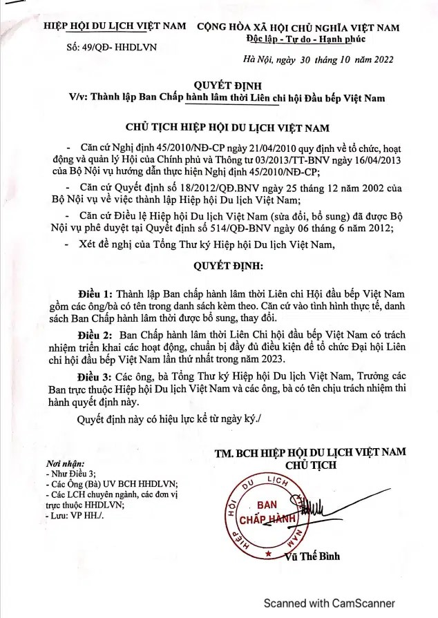 Quyết định cho phép thành lập Liên chi hội Đầu bếp Việt Nam