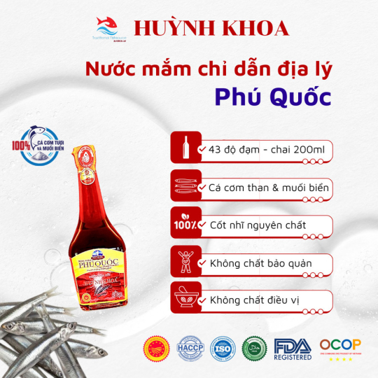 Nước Mắm Cốt Nhĩ Truyền Thống CDĐL Phú Quốc Huỳnh Khoa 43 độ đạm (Nguyên Chất) - Chai 200 ml - Hộp 6 Chai