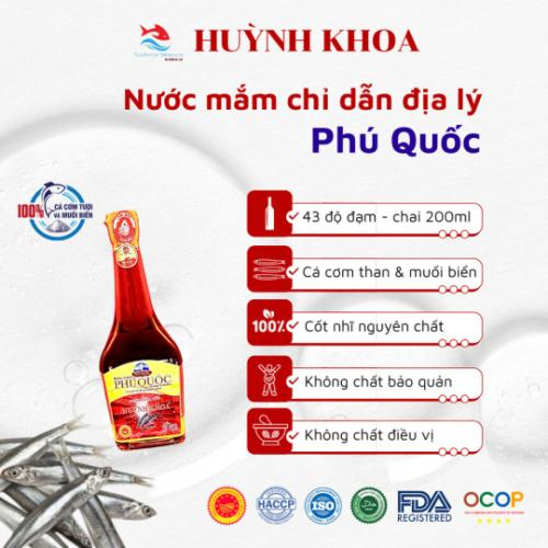 Nước Mắm Cốt Nhĩ Truyền Thống CDĐL Phú Quốc Huỳnh Khoa 43 độ đạm (Nguyên Chất) - Chai 200 ml - Hộp 6 Chai