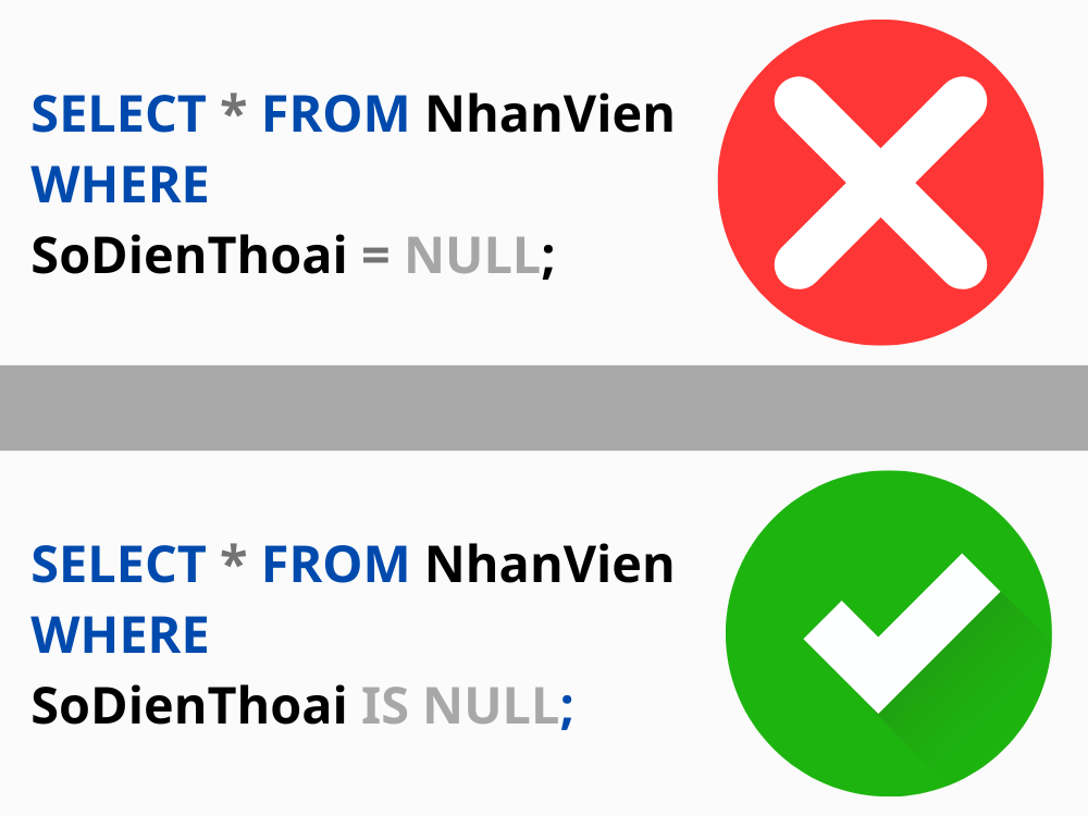 1. Không thể dùng dấu = để so sánh với NULL