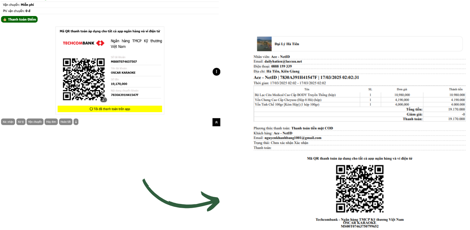 Đơn hàng tích hợp in bill, QR thanh toán