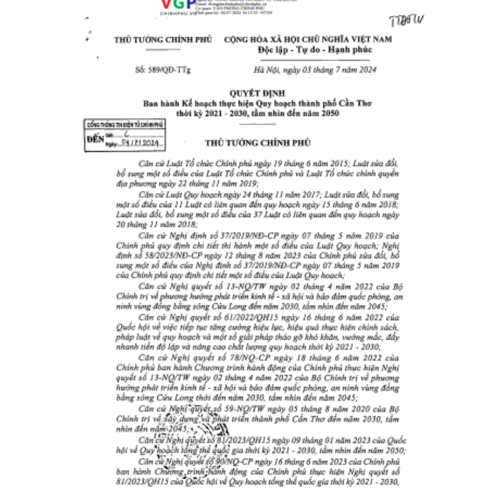 Quyết Định Số 589/QĐ-TTg Của Thủ Tướng Chính Phủ: Ban Hành Kế Hoạch Thực Hiện Quy Hoạch Thành Phố Cần Thơ Thời Kỳ 2021 - 2030, Tầm Nhìn Đến Năm 2050
