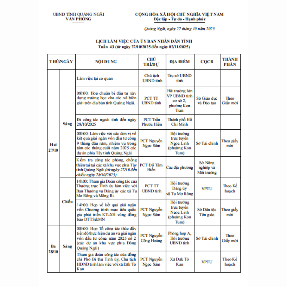 Lịch Làm Việc Của UBND Tỉnh Quảng Ngãi - Tuần 43 (Từ Ngày 27/10/2025 Đến Ngày 02/11/2025)