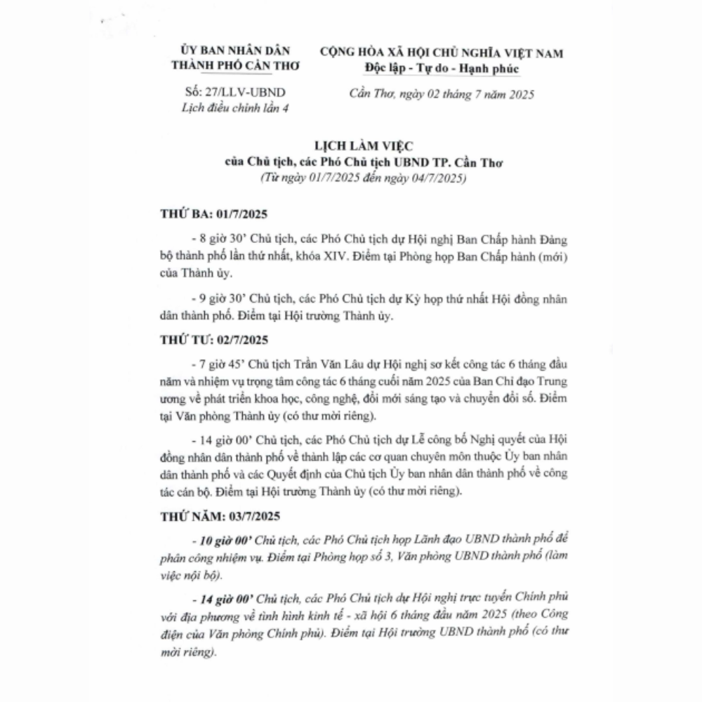 Lịch Làm Việc Của Chủ Tịch, Các Phó Chủ Tịch UBND Thành Phố Cần Thơ Từ Ngày 01/7/2025 Đến Ngày 04/7/2025