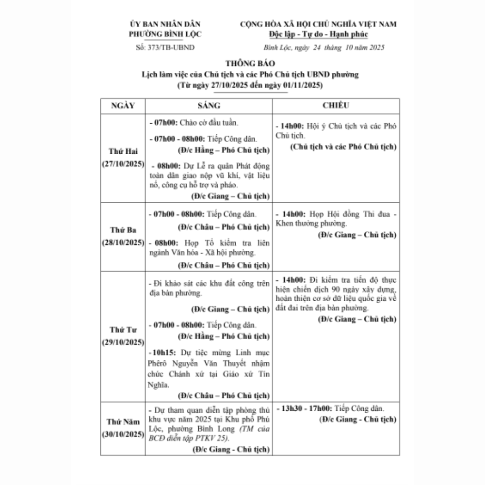 Lịch Làm Việc Của Chủ Tịch Và Các Phó Chủ Tịch UBND Phường Tỉnh Đồng Nai, Từ Ngày 27/10/2025 Đến Ngày 01/11/2025