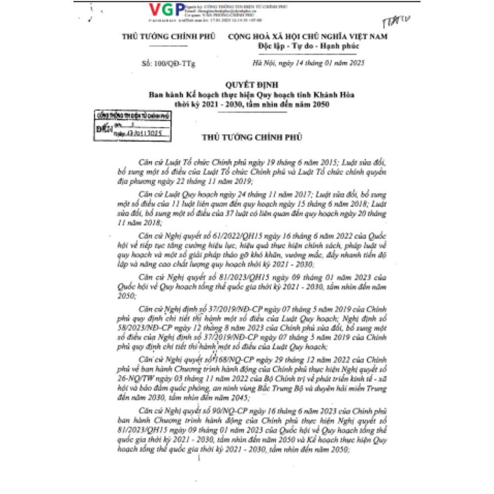Quyết Định Số 100/QĐ-TTg Của Thủ Tướng Chính Phủ: Ban Hành Kế Hoạch Thực Hiện Quy Hoạch Tỉnh Khánh Hòa Thời Kỳ 2021 - 2030, Tầm Nhìn Đến Năm 2050