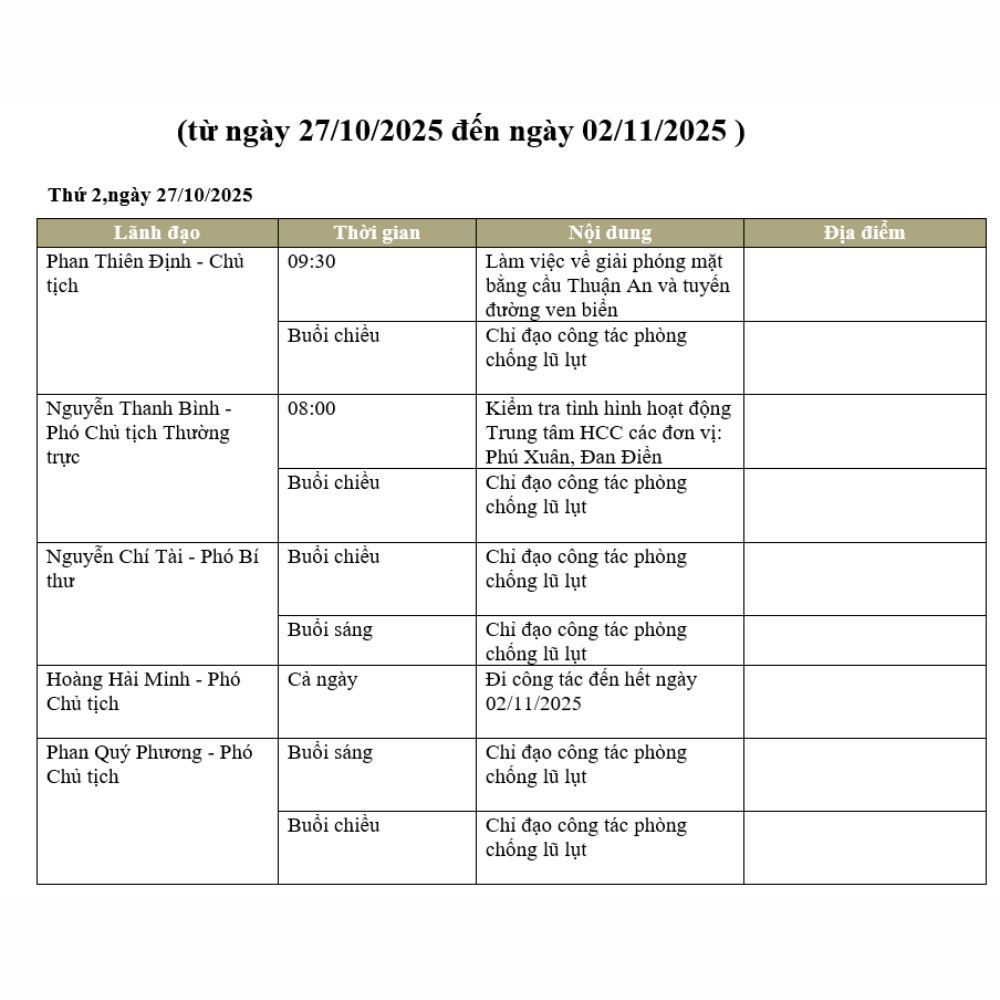 Lịch Công Tác Tuần Lãnh Đạo UBND Thành Phố Huế