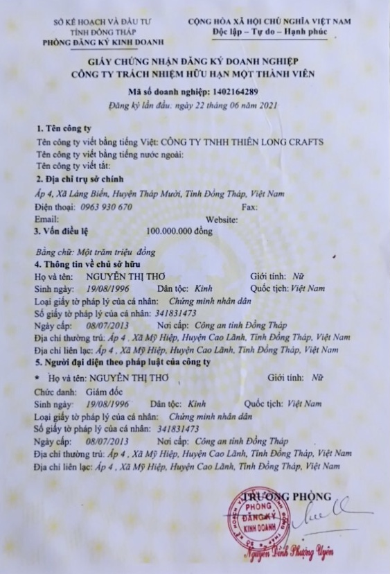 Giấy Chứng Nhận ĐKKD Thiên Long Crafts