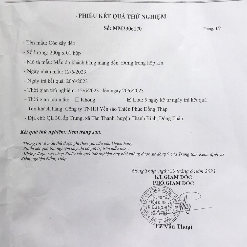 Phiếu Kiểm Nghiệm Cóc Sấy Dẻo | Thiên Gia Phúc