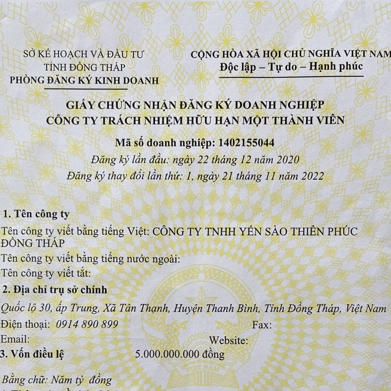 Giấy Phép Kinh Doanh Yến Thiên Gia Phúc