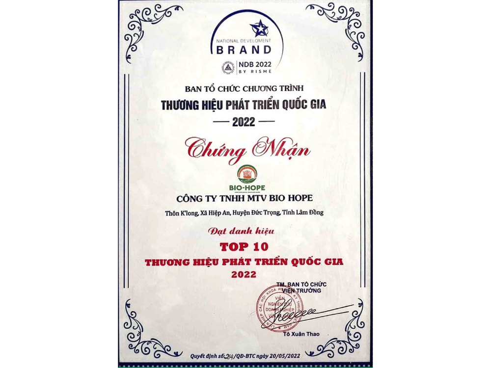 Giấy chứng nhận Top 10 Thương hiệu phát triển Quốc gia 2022
