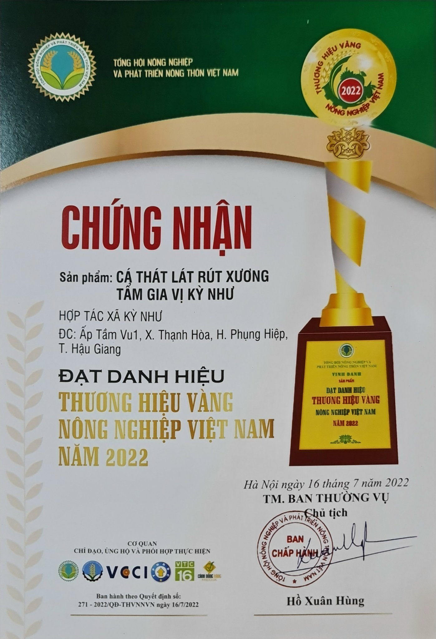 Chứng nhận Đạt danh hiệu Thương Hiệu Vàng Nông Nghiệp Việt Nam năm 2022