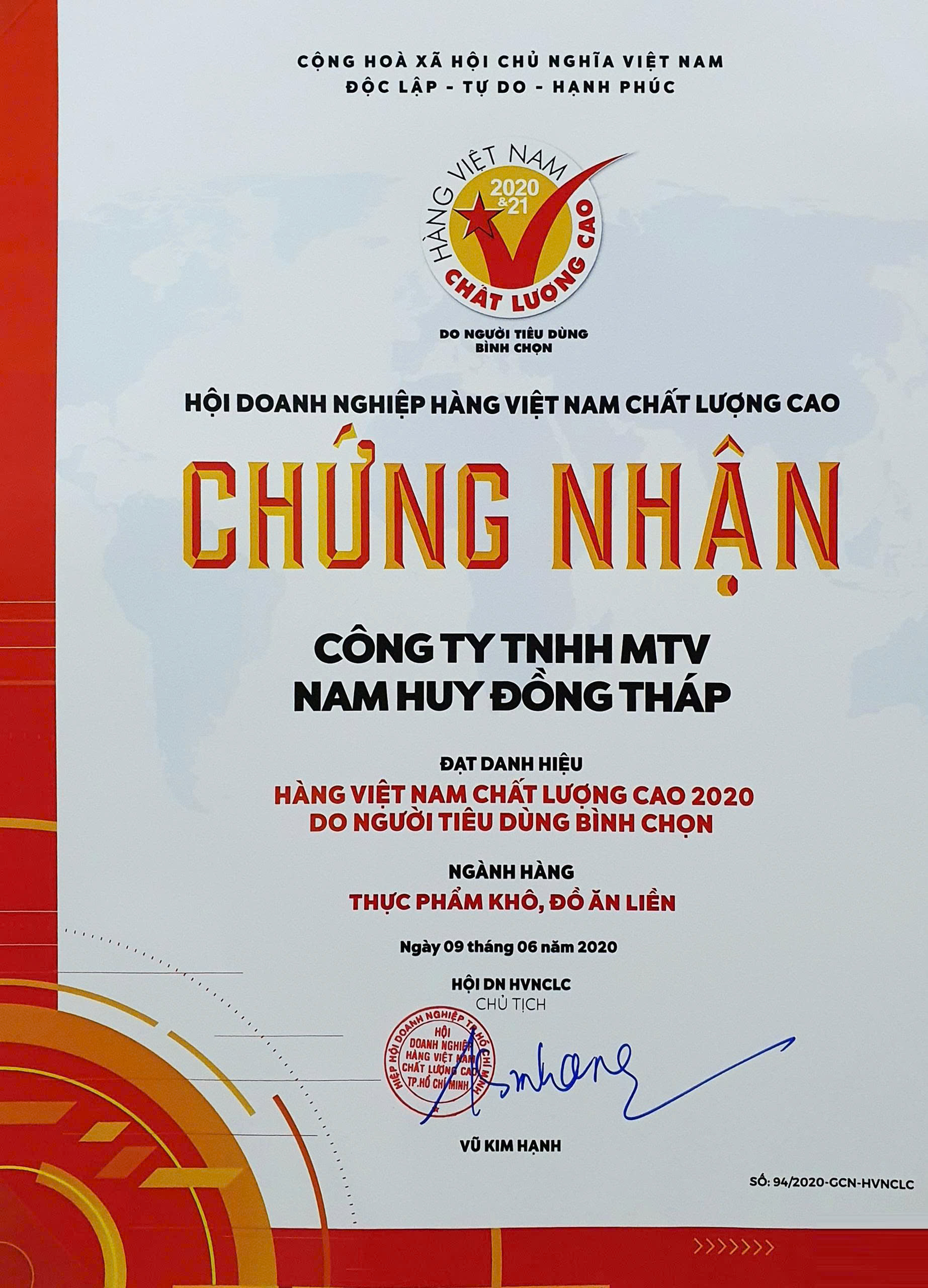 Giấy chứng nhận Nam Huy