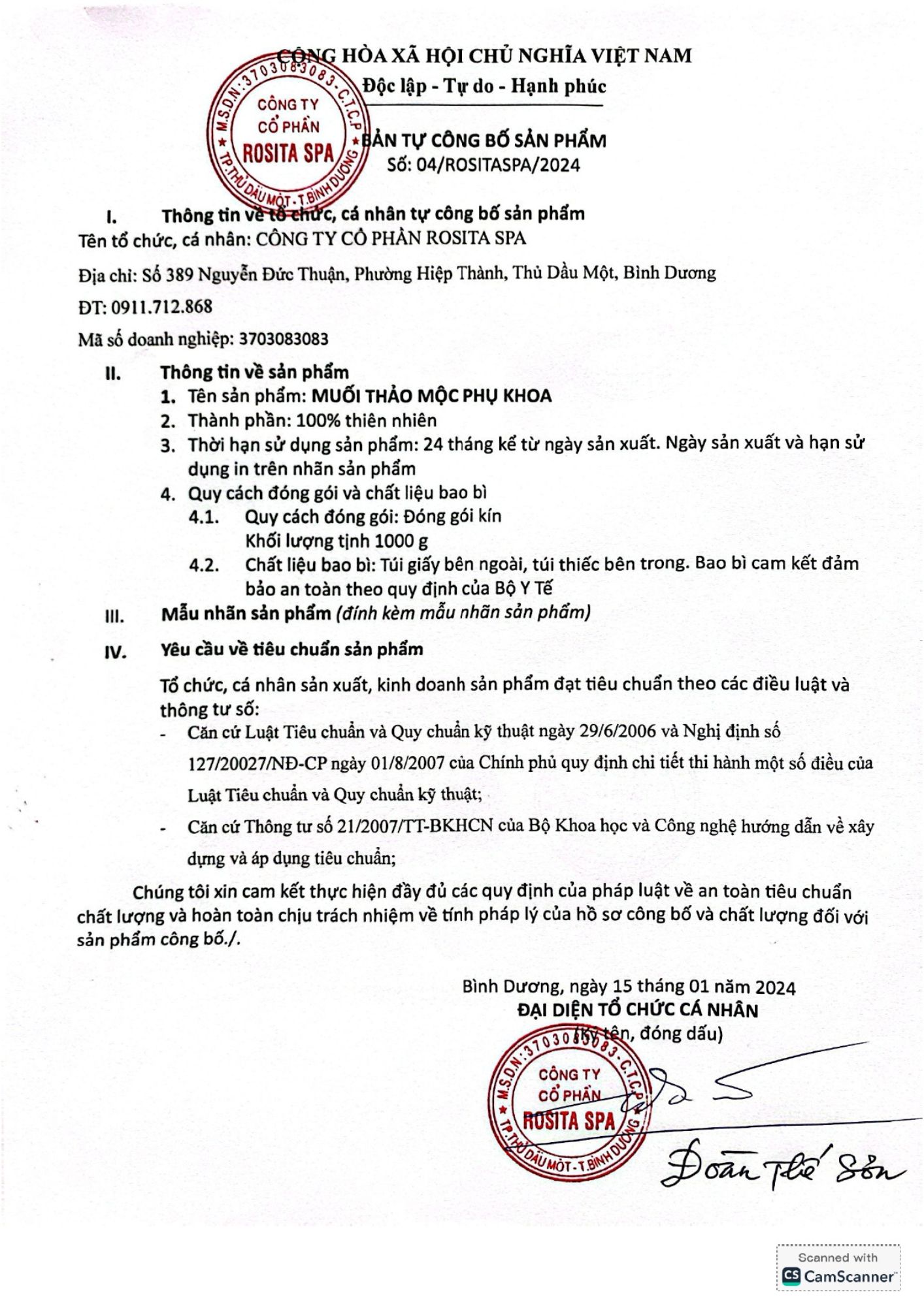 8. Bản tự công bố sản phẩm muỗi phụ khoa