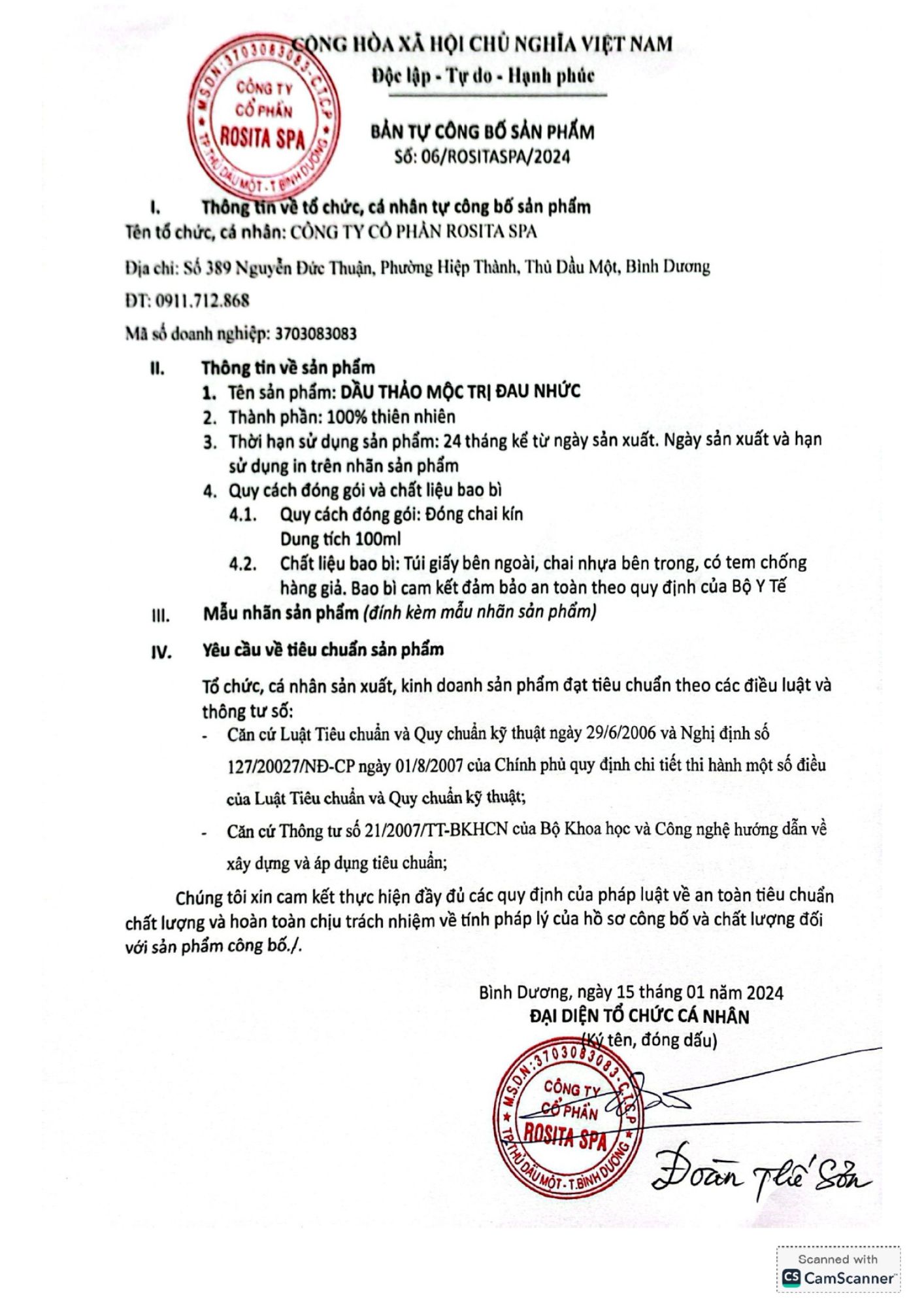 3. Bản tự công bố sản phẩm dầu đau nhức