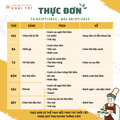 Thực Đơn Tuần - Mỗi Ngày Bé Ăn Gì Tại Khải Trí