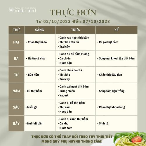 Thực Đơn Tuần Mới (Từ 02/10 Đến 07/10)