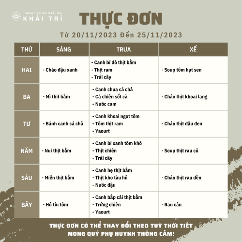 Thực Đơn Tuần Mới (Từ 20/11 Đến 25/11)