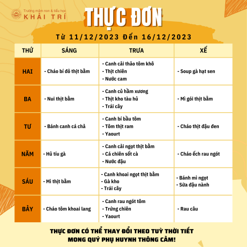 Thực Đơn Tuần Mới (Từ 11/12 Đến 16/12)