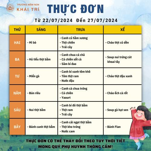 Thực Đơn Tuần Mới (Từ 22/07/2024 - 27/07/2024)