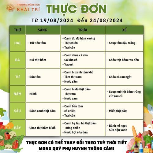 Thực Đơn Tuần Mới (Từ 19/08/2024 - 24/08/2024)