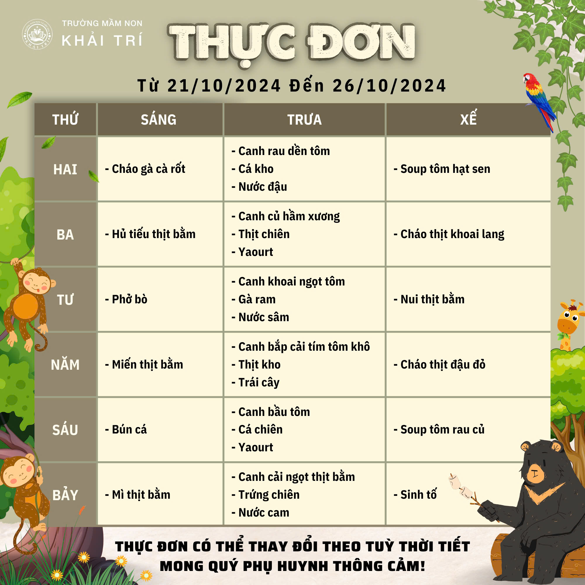 Thực Đơn Tuần Mới (Từ 21/10/2024 - 26/10/2024)