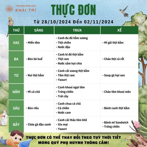 Thực Đơn Tuần Mới (Từ 28/10/2024 - 02/11/2024)