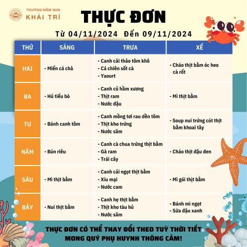 Thực Đơn Tuần Mới (Từ 04/11/2024 - 09/11/2024)