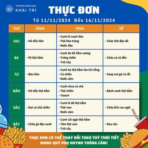 Thực Đơn Tuần Mới (Từ 11/11/2024 - 16/11/2024)