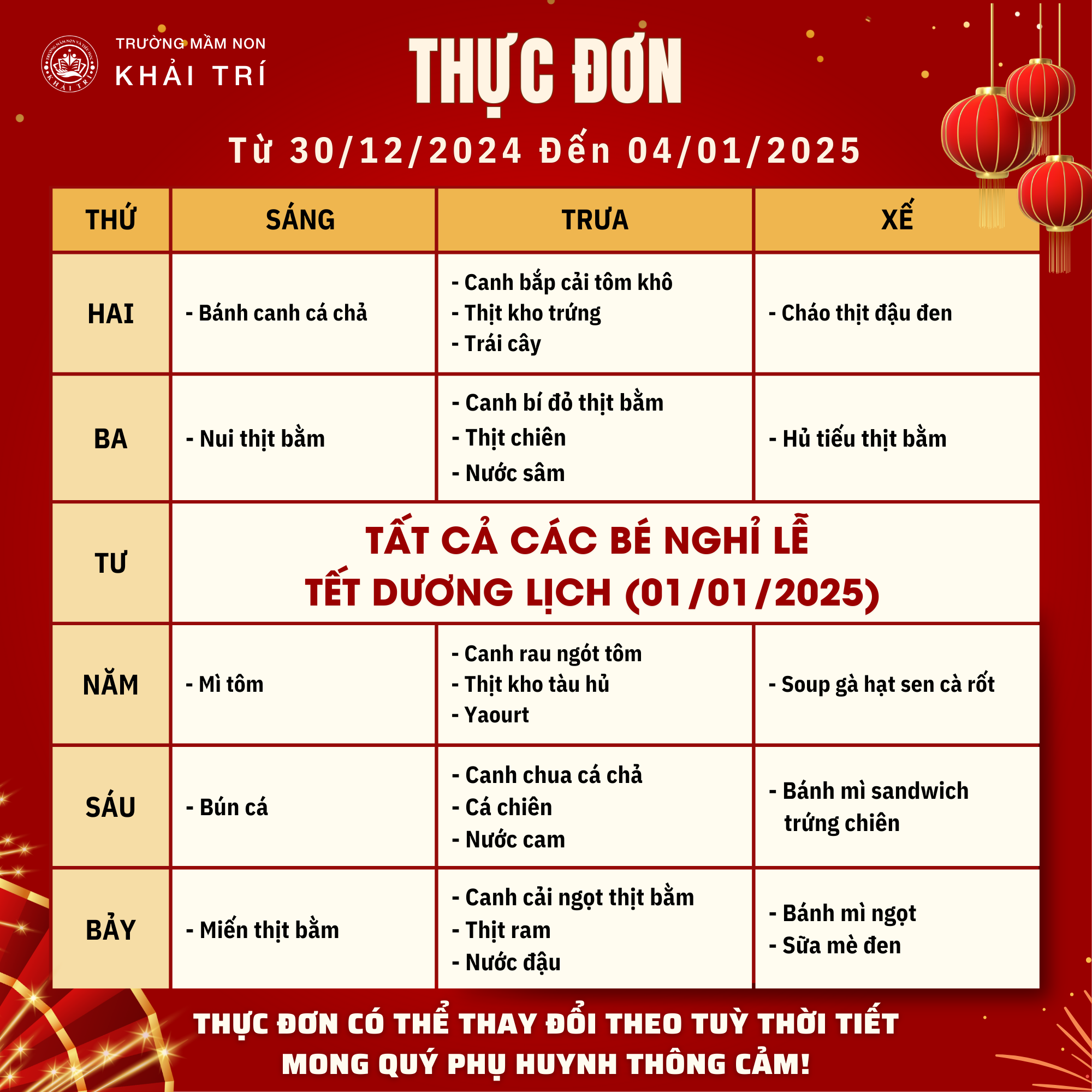 Thực Đơn Tuần Mới (Từ 30/12/2024 - 04/01/2024)