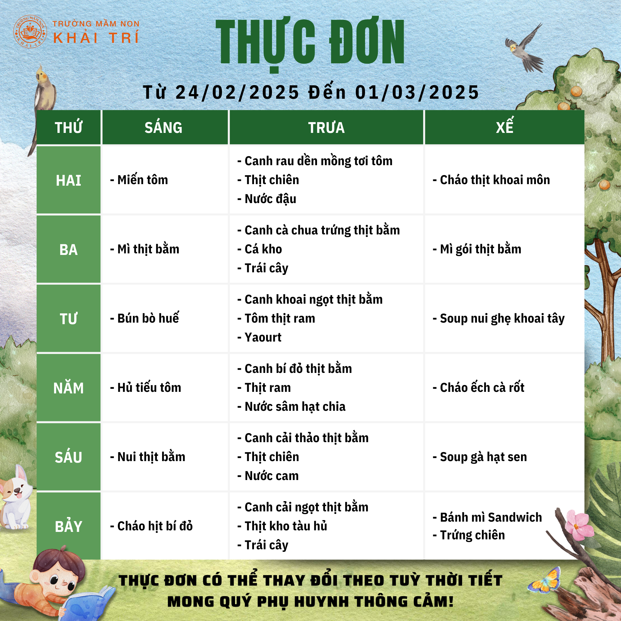 Thực Đơn Tuần Mới (Từ 24/02/2025 - 01/03/2025)