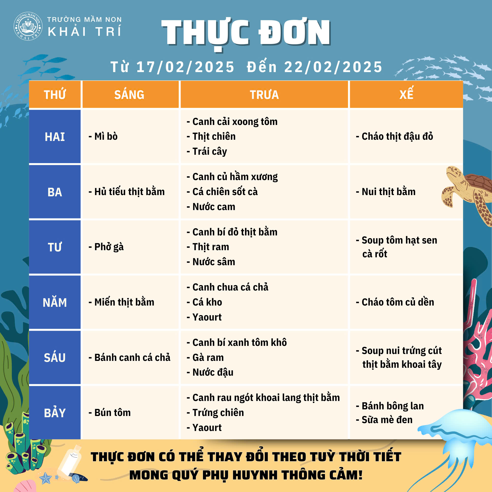 Thực Đơn Tuần Mới (Từ 17/02/2025 - 22/02/2025)