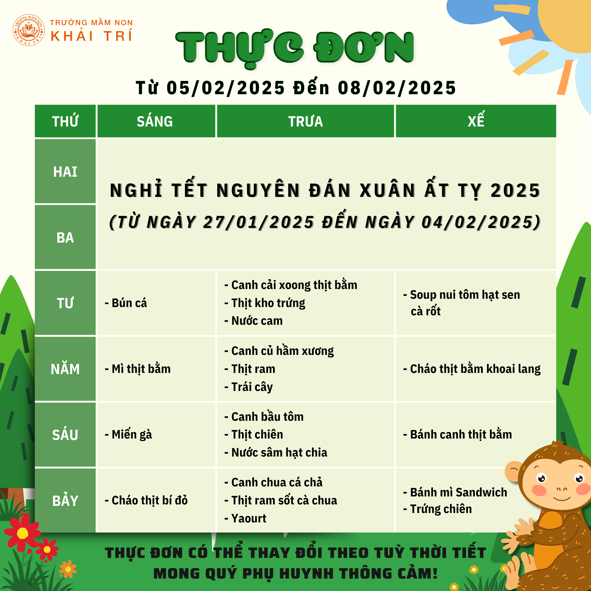 Thực Đơn Tuần Mới (Từ 05/02/2025 - 08/02/2025)