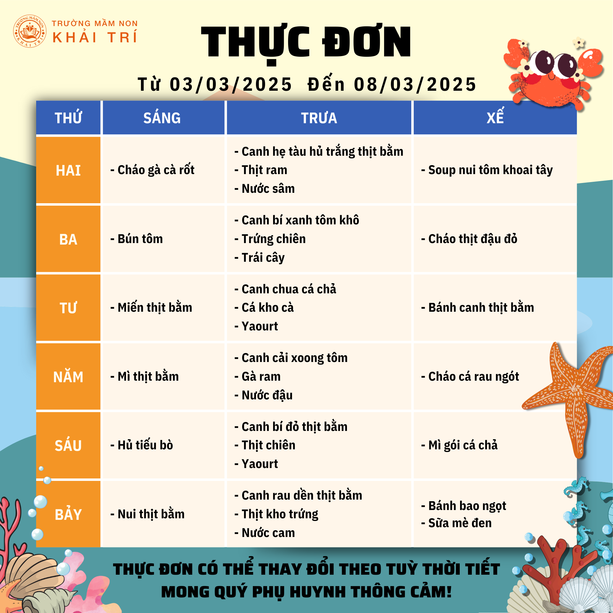 Thực Đơn Tuần Mới (Từ 03/03/2025 - 08/03/2025)