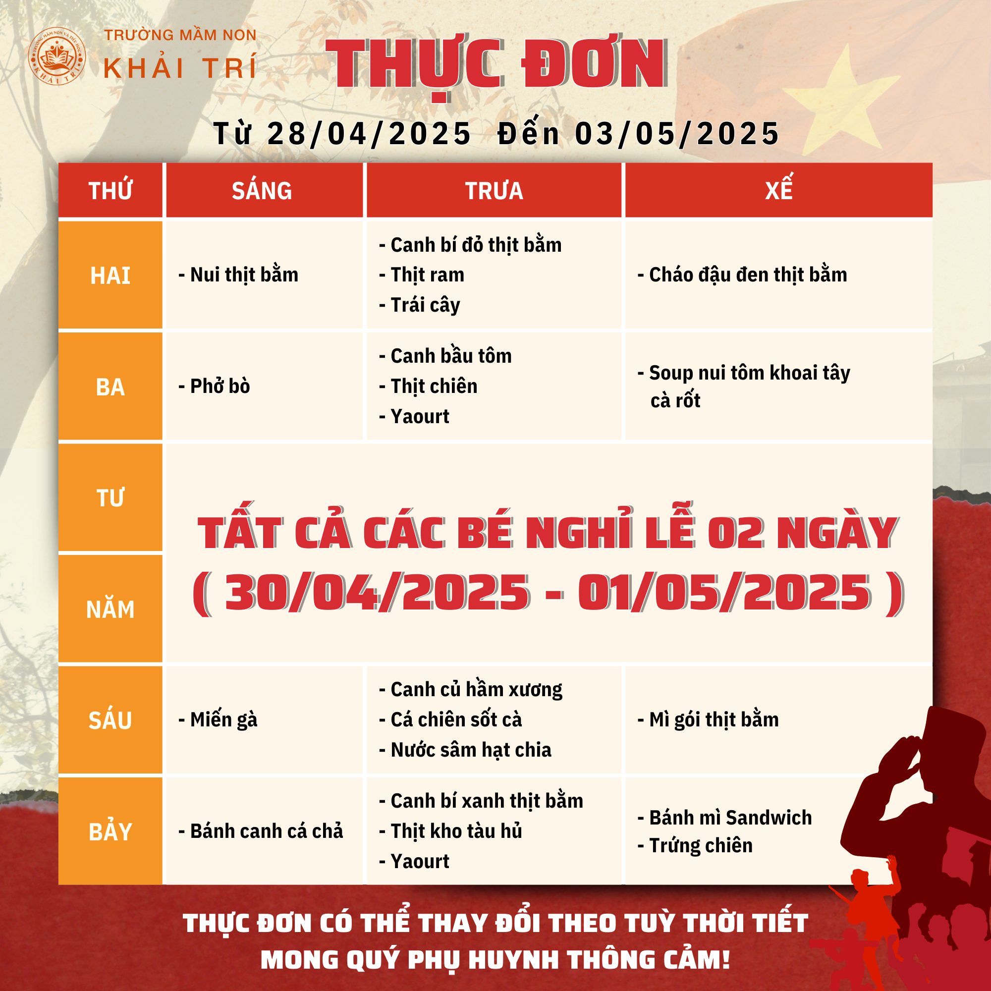 Thực Đơn Tuần Mới (Từ 28/04/2025 - 03/05/2025)