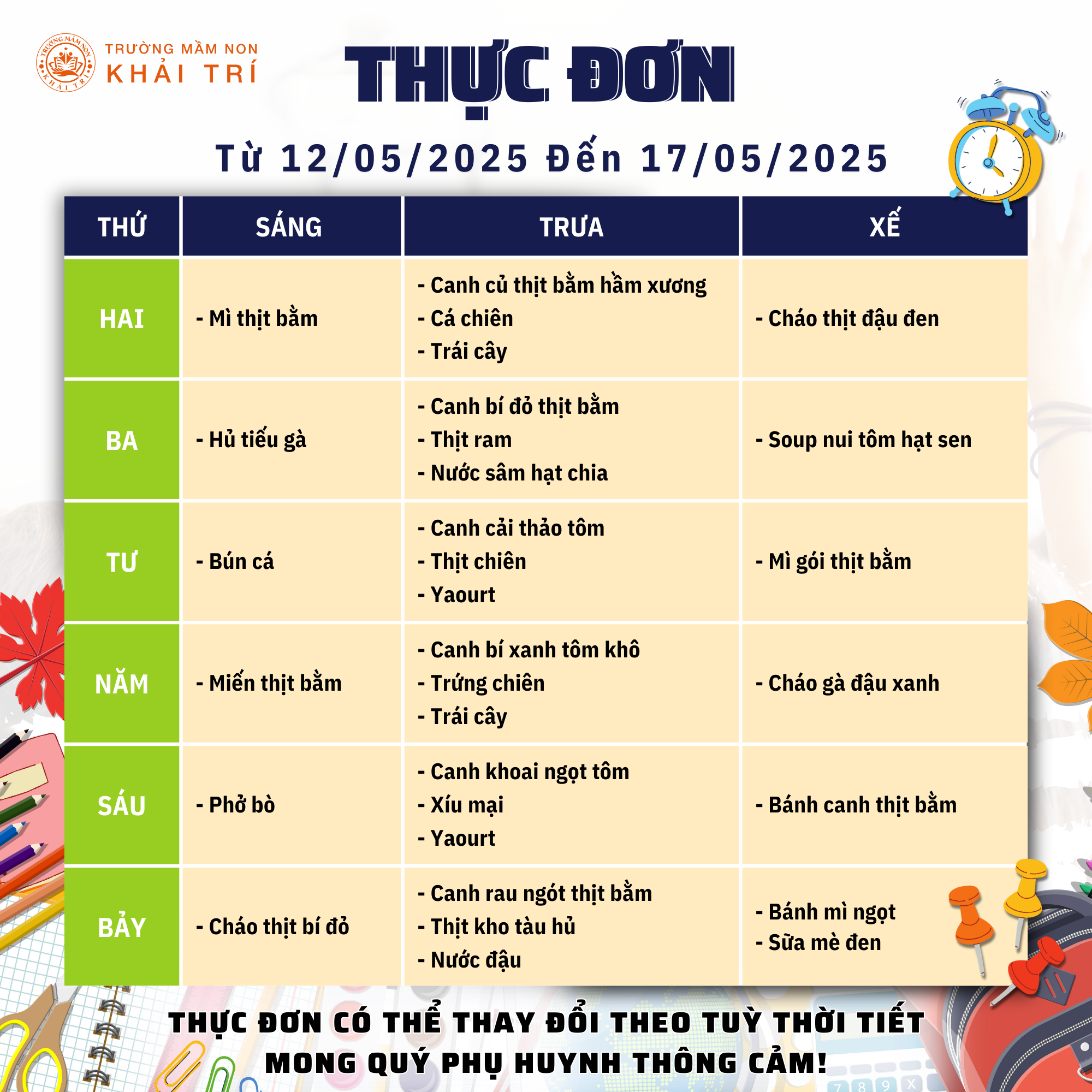 Thực Đơn Tuần Mới (Từ 12/05/2025 - 17/05/2025)