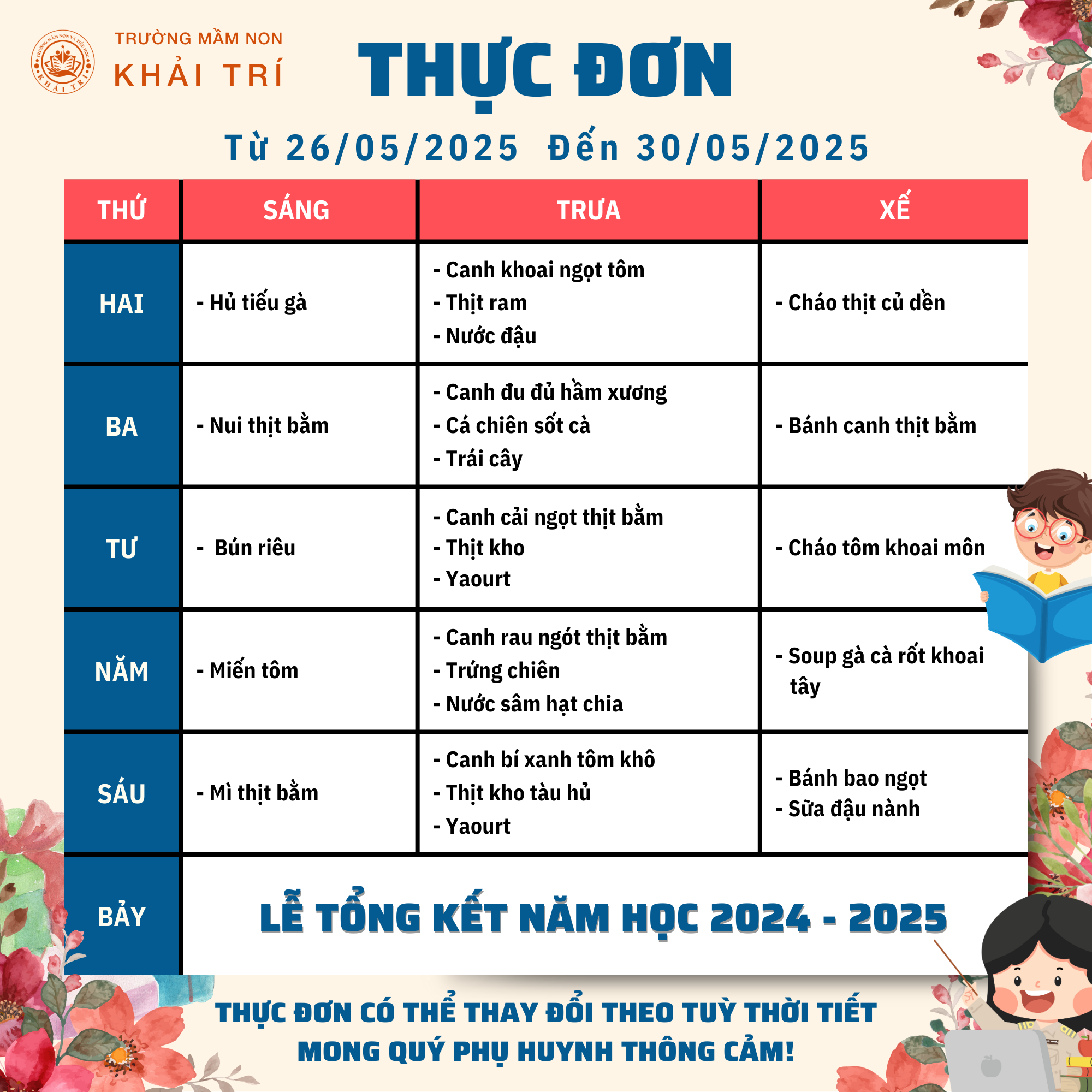 Thực Đơn Tuần Mới (Từ 26/05/2025 - 30/05/2025)