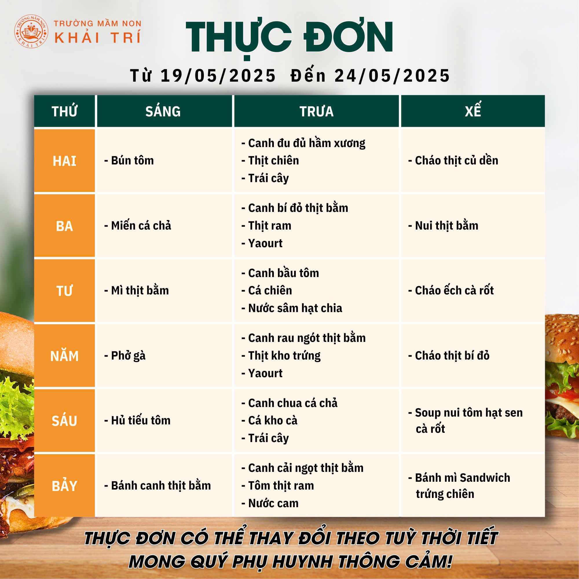 Thực Đơn Tuần Mới (Từ 19/05/2025 - 24/05/2025)