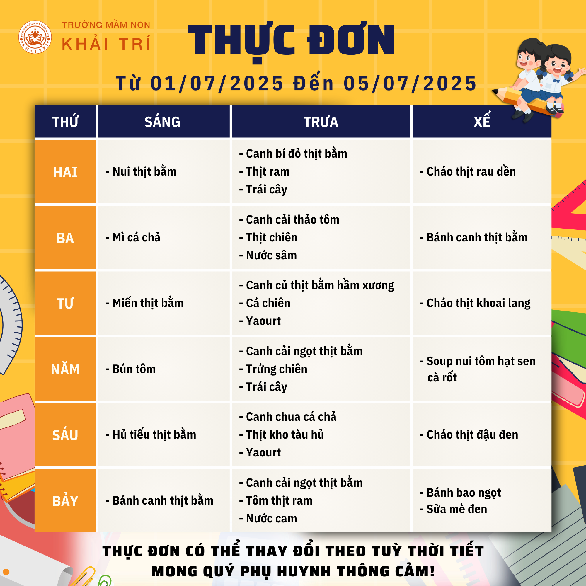Thực Đơn Tuần Mới (Từ 01/07/2025 - 05/07/2025)