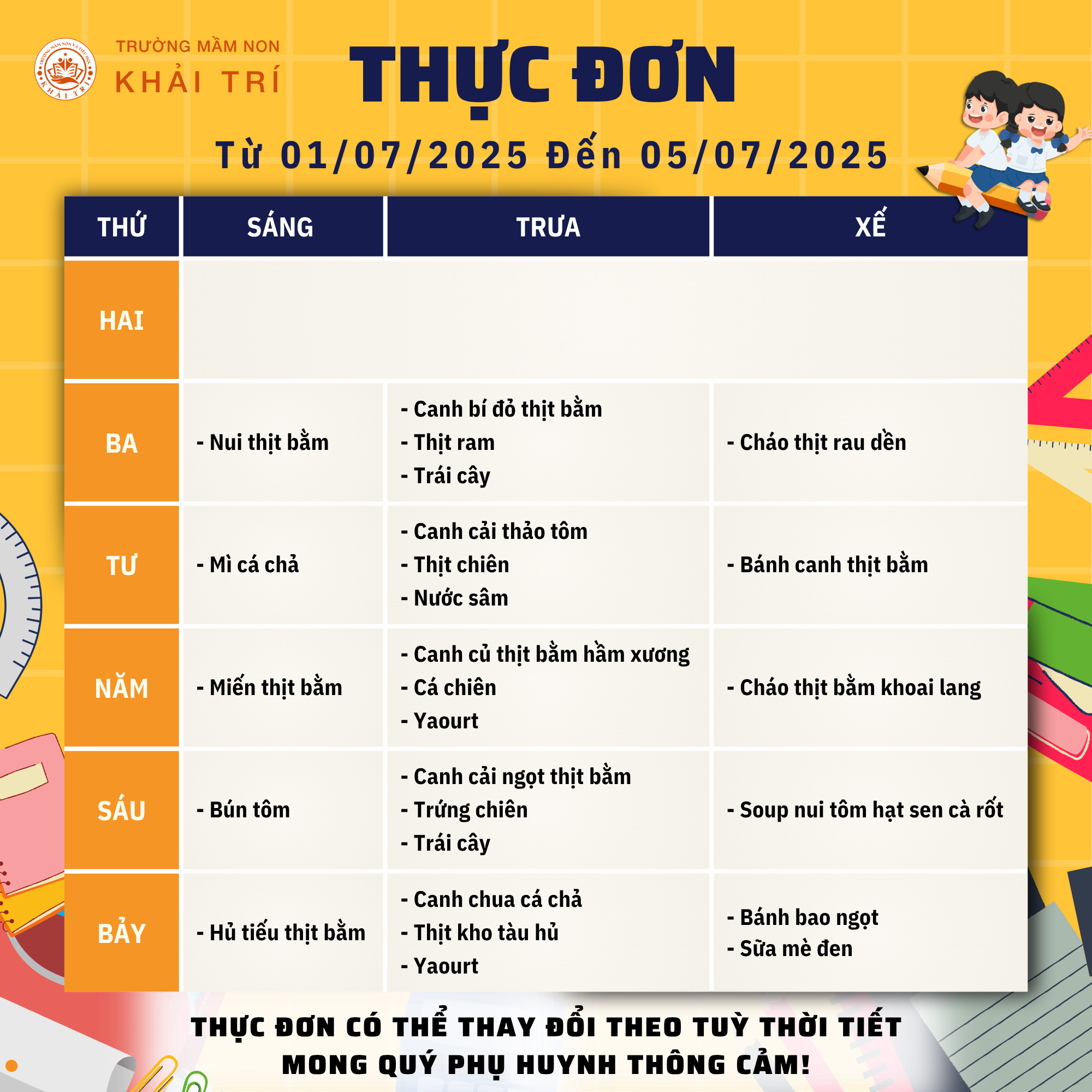 Thực Đơn Tuần Mới (Từ 01/07/2025 - 05/07/2025)