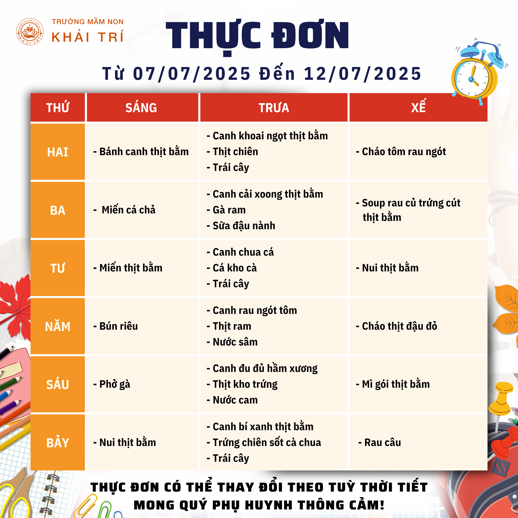 Thực Đơn Tuần Mới (Từ 07/07/2025 - 12/07/2025)