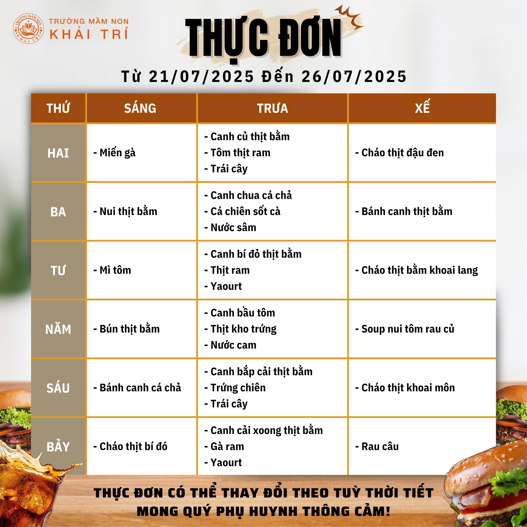 Thực Đơn Tuần Mới (Từ 21/07/2025 - 26/07/2025)