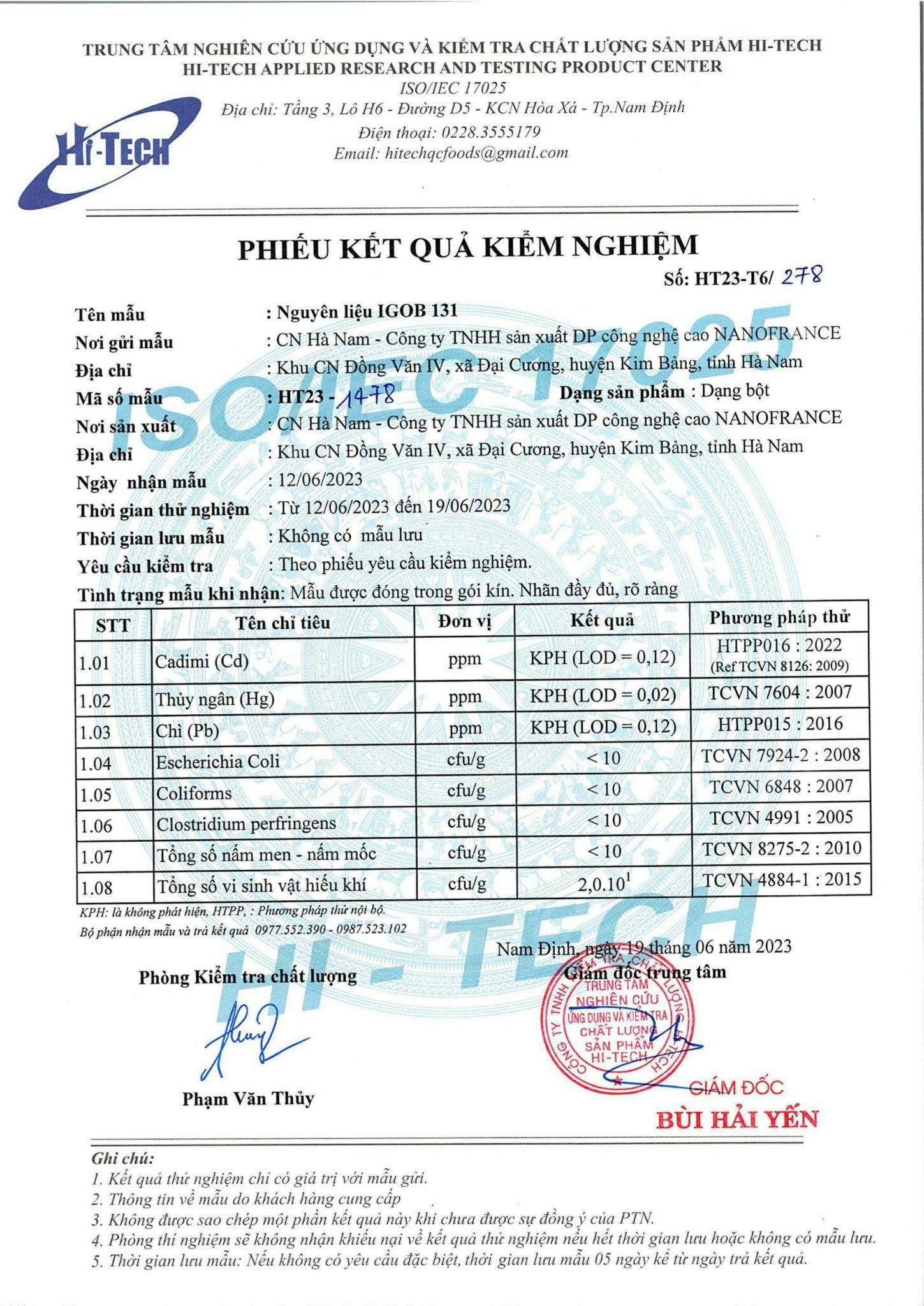 3. Kiểm nghiệm Nguyên liệu IGOB 131