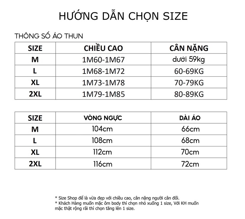 Hướng dẫn chọn Size áo