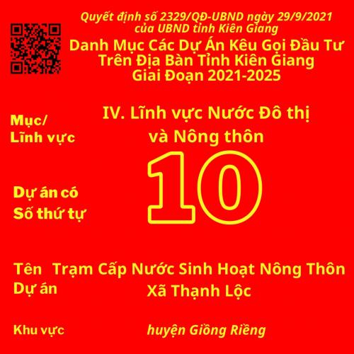 Dự Án Có Số TT 10: Trạm Cấp Nước Sinh Hoạt Nông Thôn Xã Thạnh Lộc