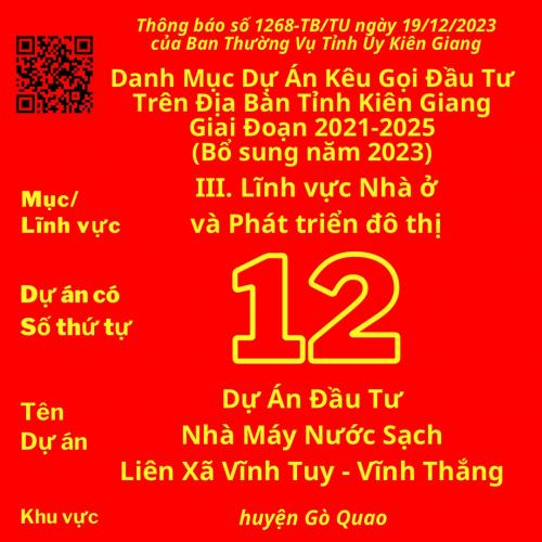 Dự án có Số TT 12: Dự Án Đầu Tư Nhà Máy Nước Sạch Liên Xã Vĩnh Tuy - Vĩnh Thắng