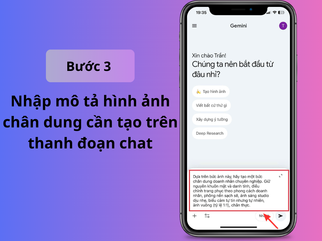 Bước 3: Nhập mô tả hình ảnh chân dung cần tạo trên thanh đoạn chat